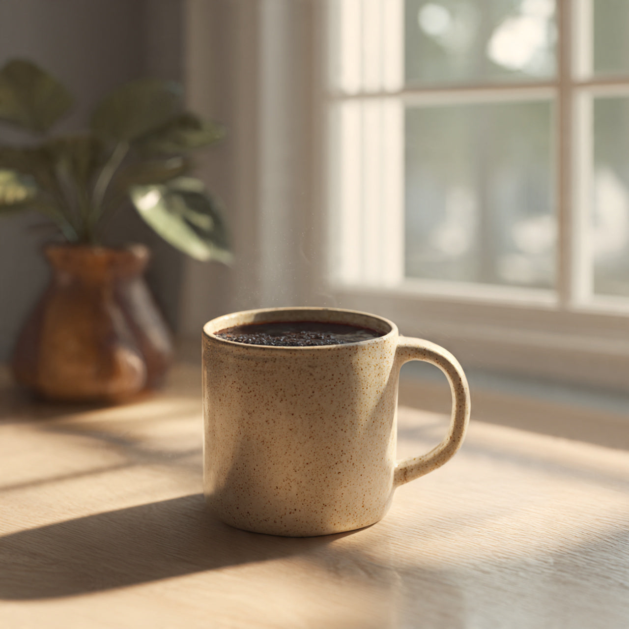Beige ceramic mug with breakfast blend coffee on a wooden table near a window with natural light.