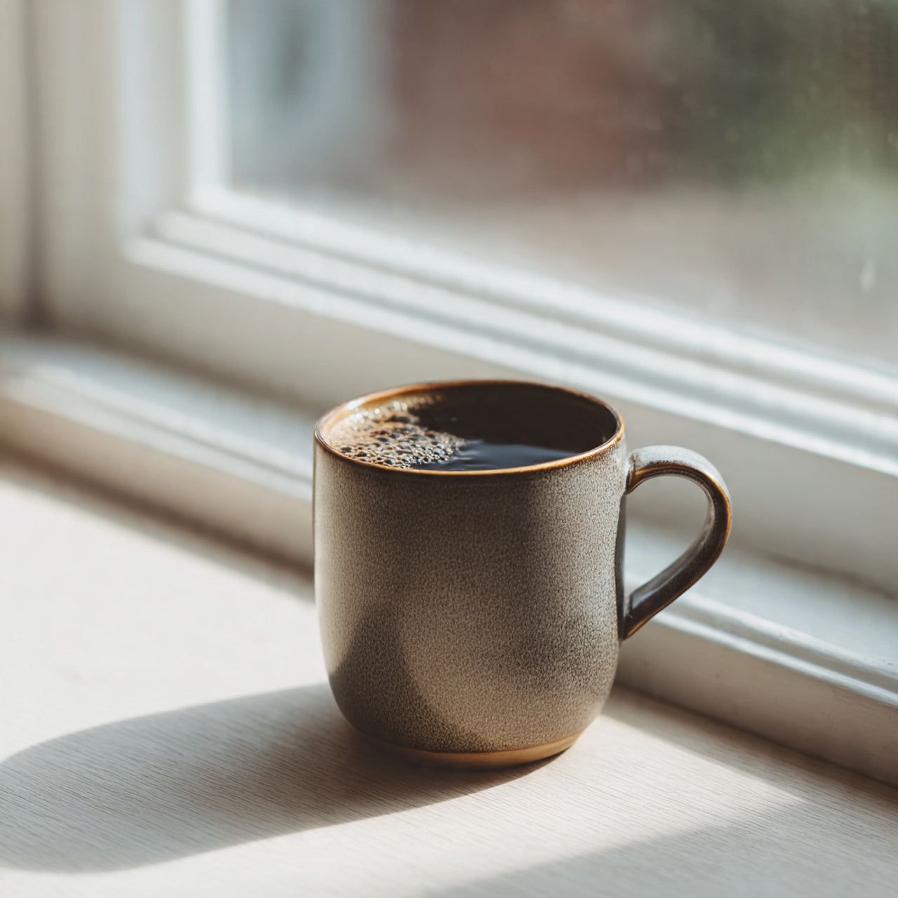 Ceramic mug with african kahawa coffee on a windowsill