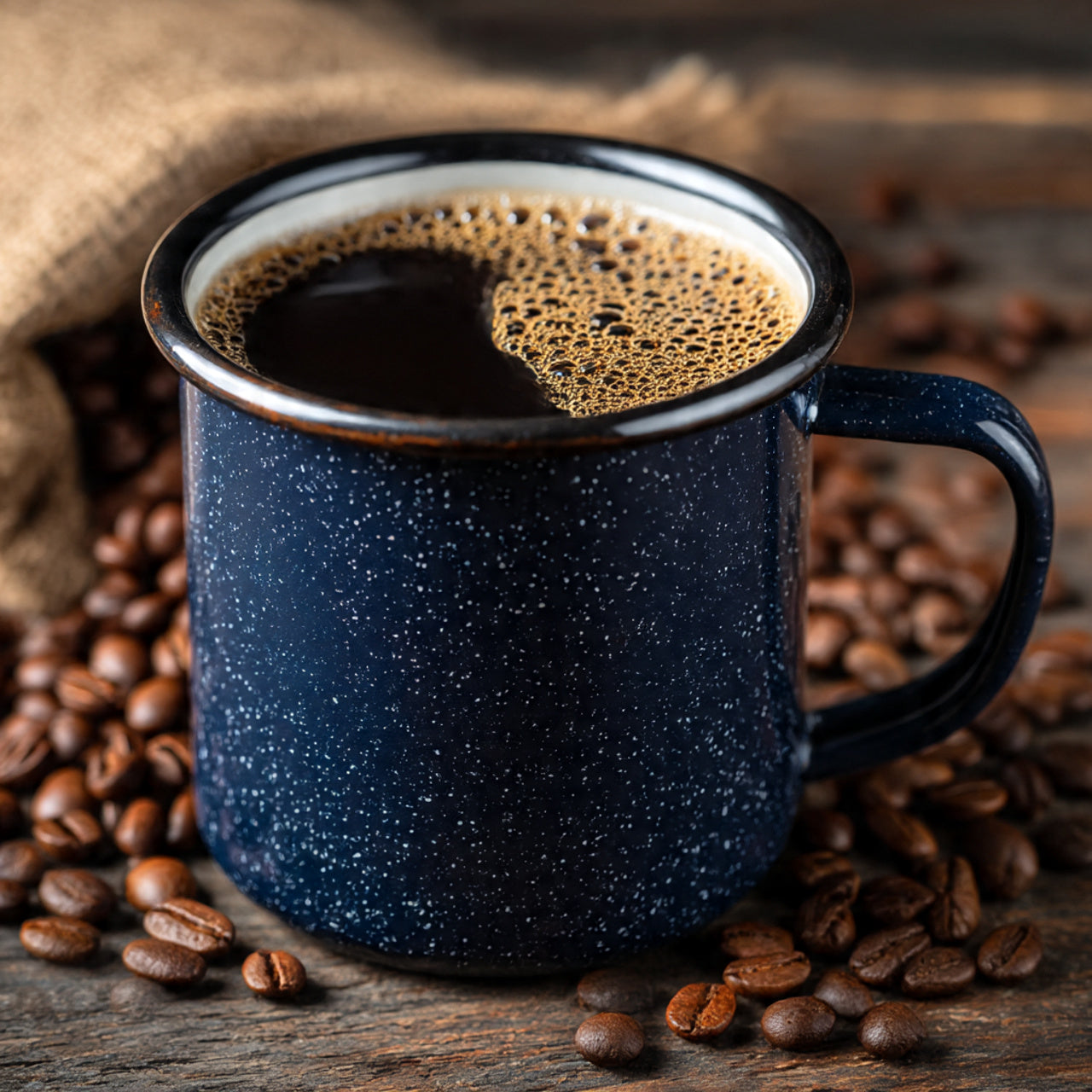 Brewed cup of cowboy blend coffee bold rugged low acid flavor