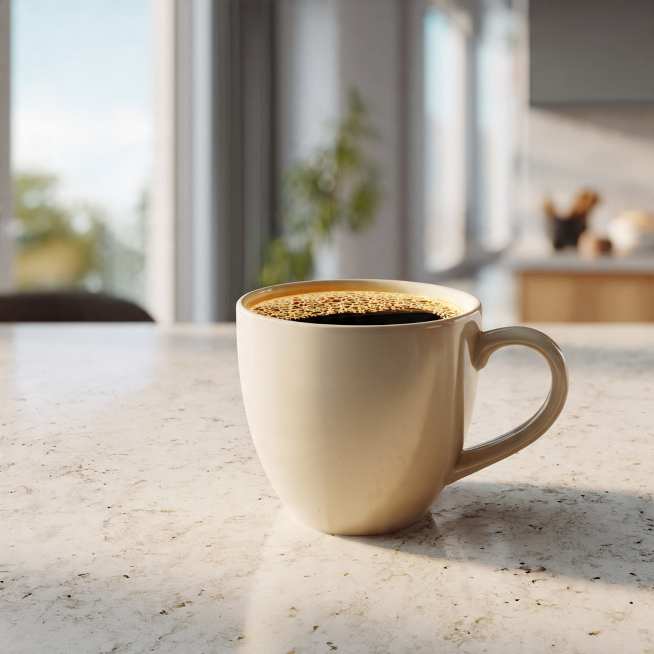 Beige mug with papua new guinea coffee on a marble countertop in a bright kitchen.
