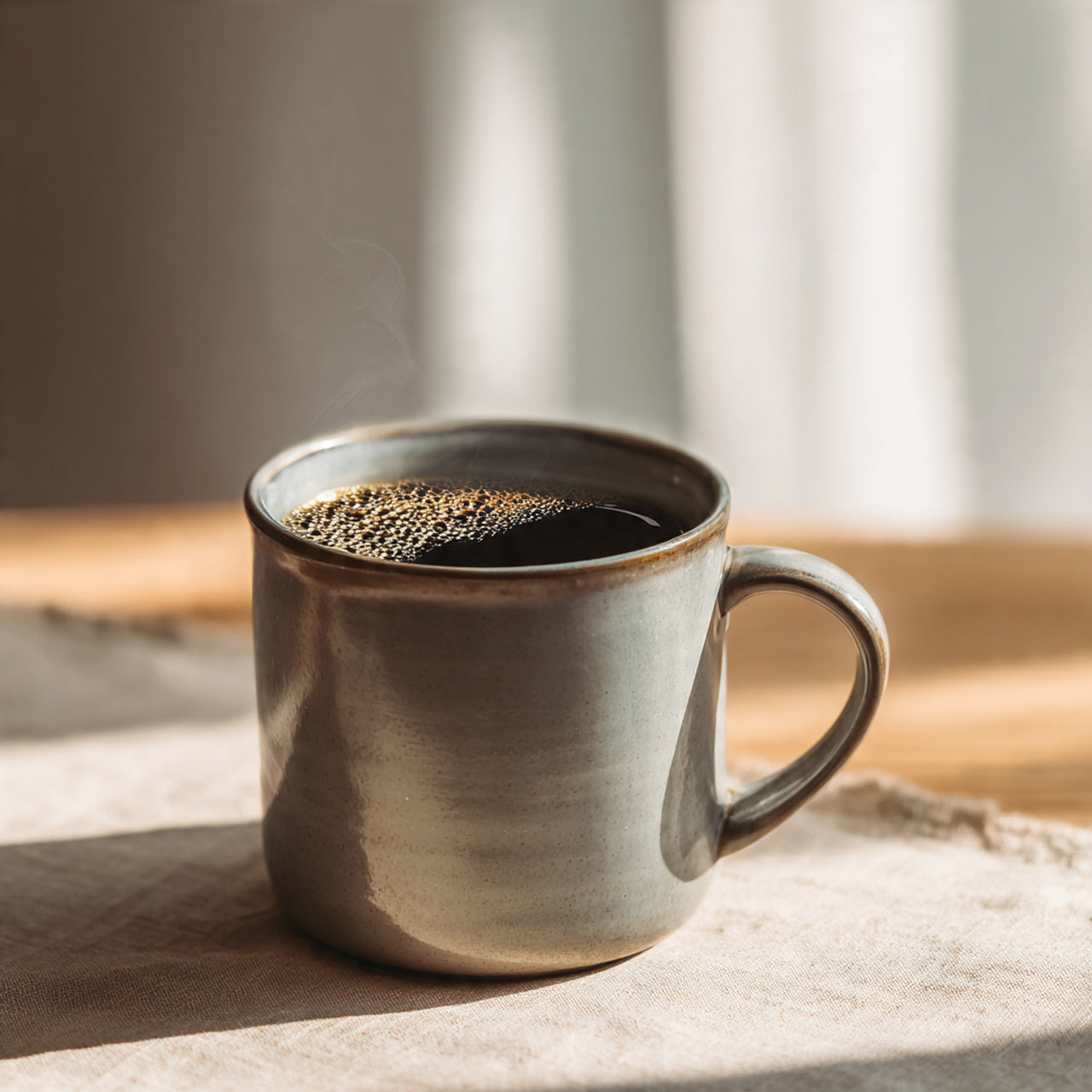 Steaming kenya coffee in a ceramic mug on a wooden surface with a blurred background