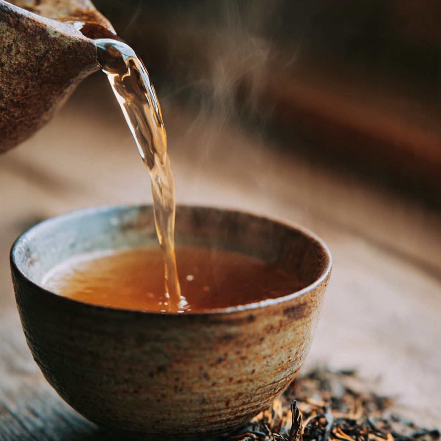 Tea being poured from a teapot into a ceramic cup with steam rising, on a blurred background.