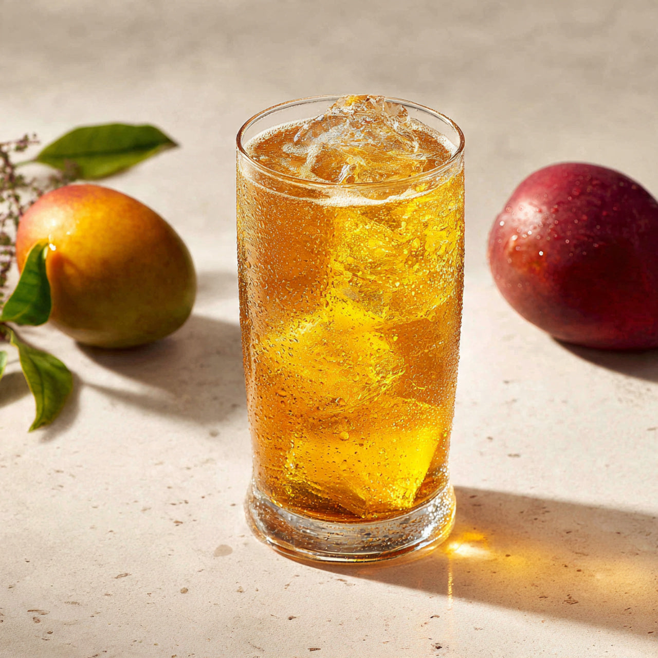 Iced mango tea in glass.