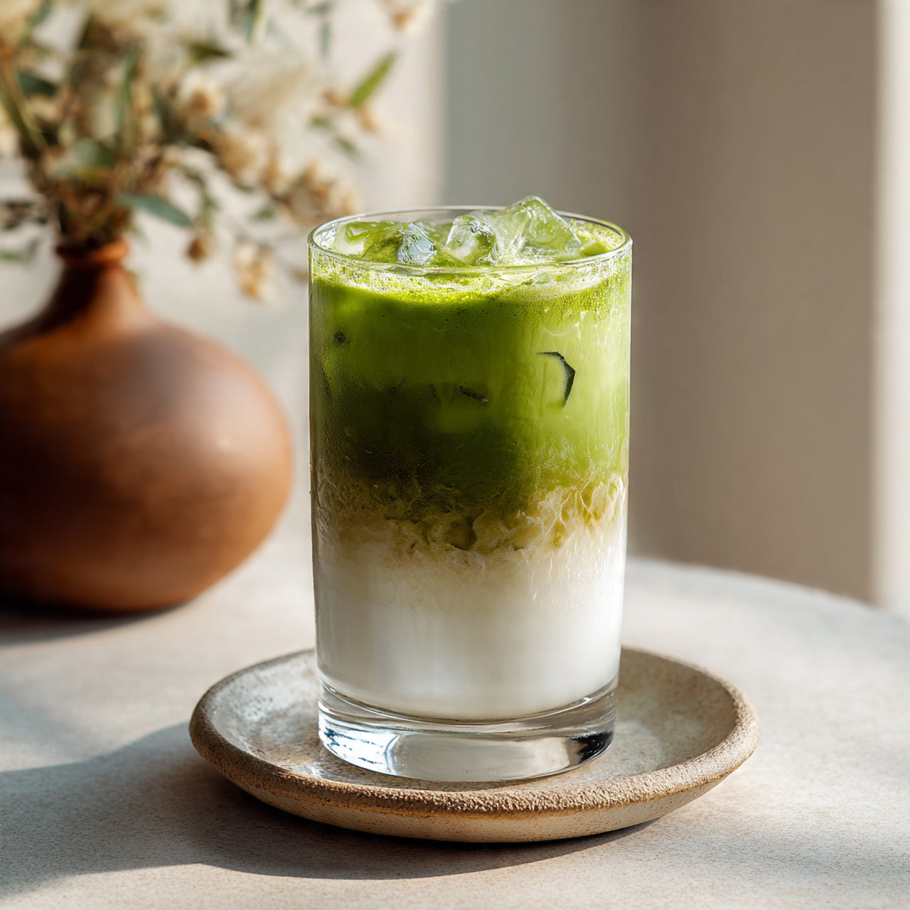 Iced matcha latte in glass.