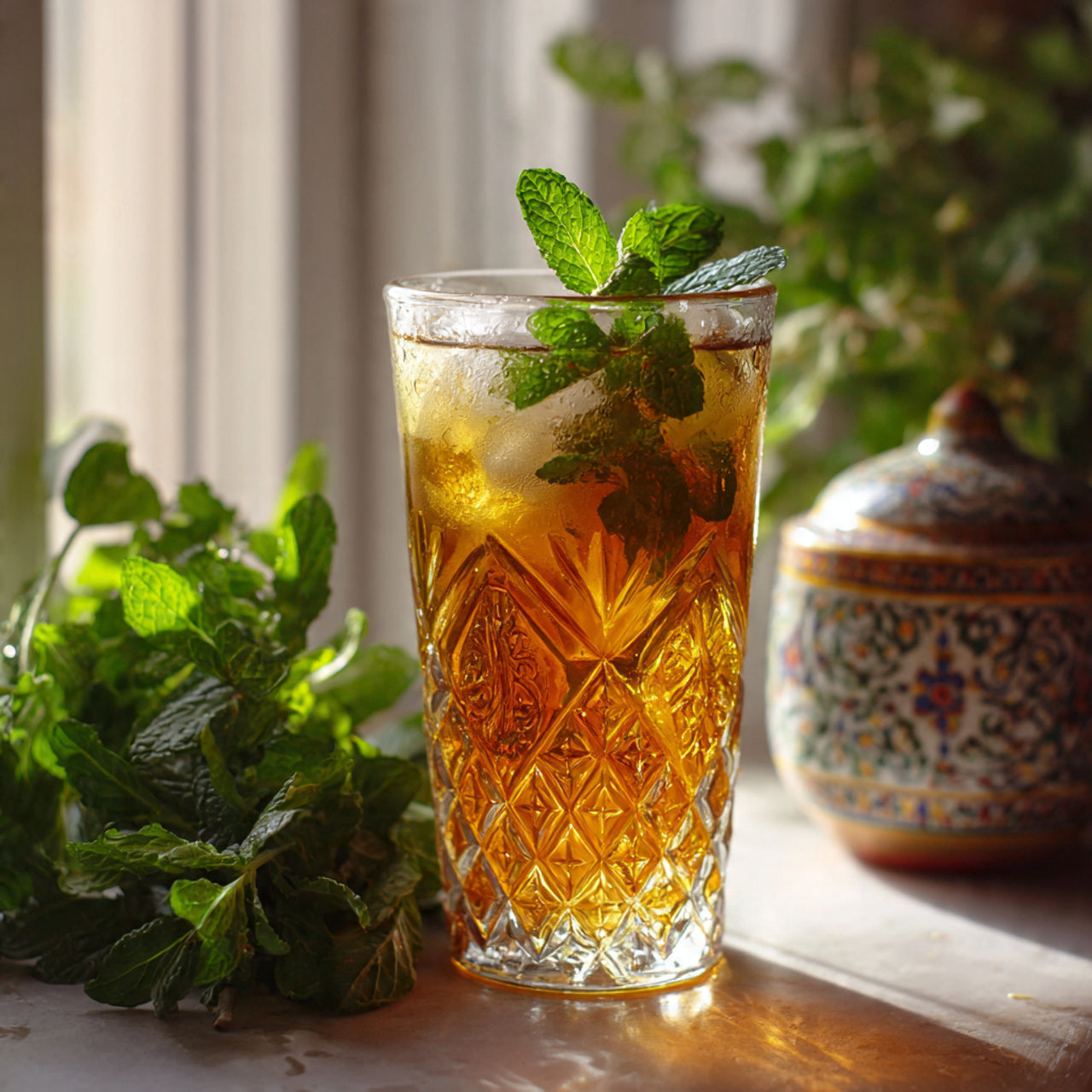 Iced Moroccan mint tea in glass.