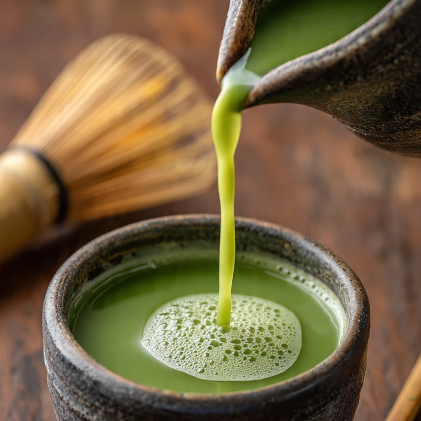 Green tea being poured from a ceramic teapot into a matching cup on a wooden surface.