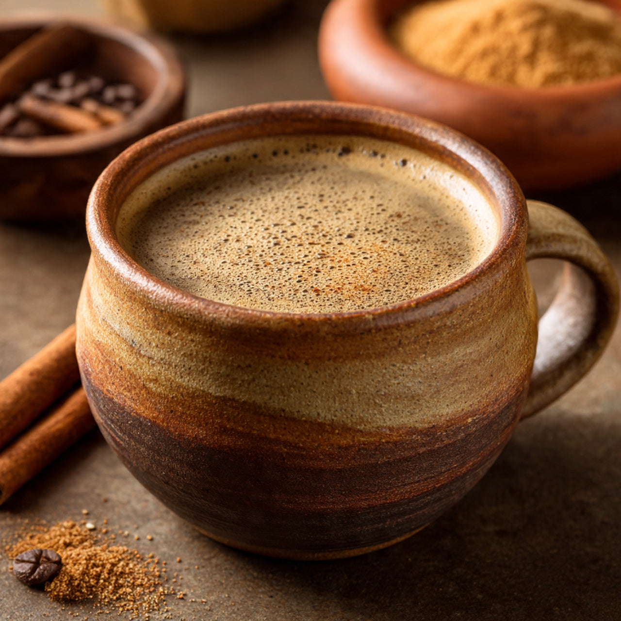 Brewed cup of Mexican Chocolate coffee showing smooth, spiced chocolate dessert-style flavor