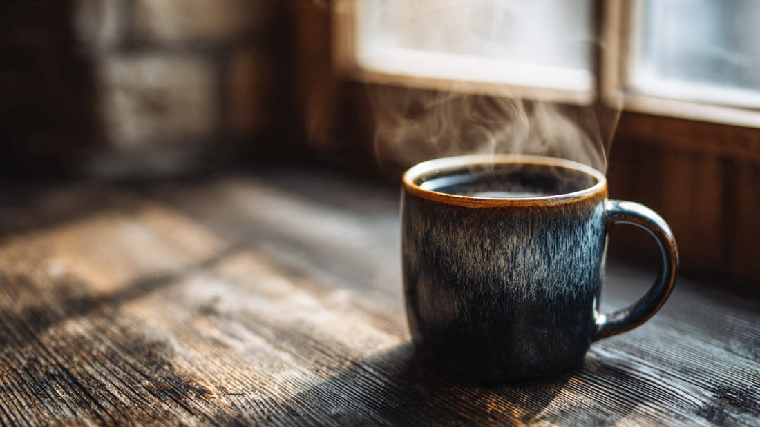 Ceramic mug of 6 Bean Blend coffee on rustic wood table.