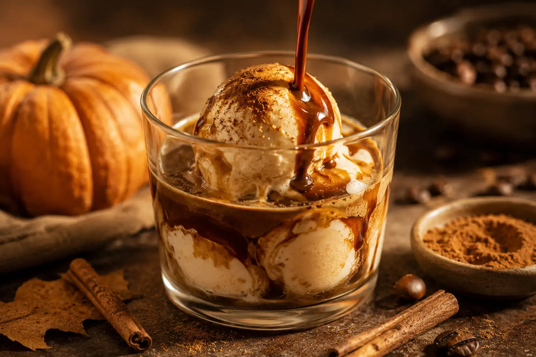Cozy pumpkin spice latte in a clear glass mug with warm espresso swirling into steamed milk, cinnamon and nutmeg dusted on top, autumn warmth and natural window light