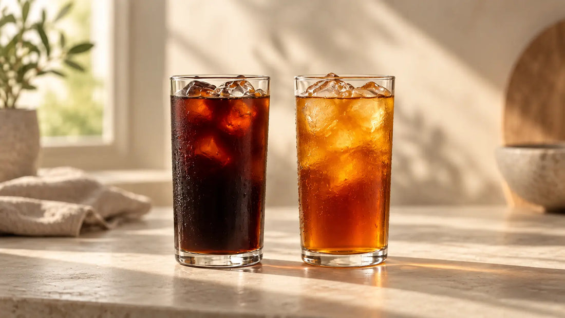 Cold brew and iced coffee side by side showing their difference in color and clarity