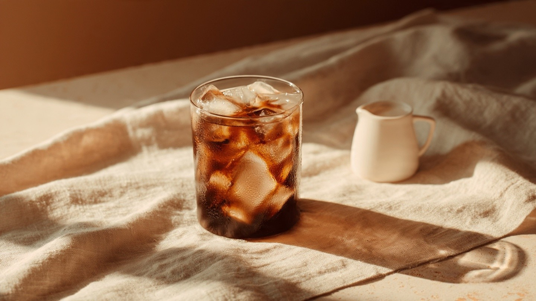 Glass of iced coffee with ice cubes and cream on a soft ivory surface in warm natural light.