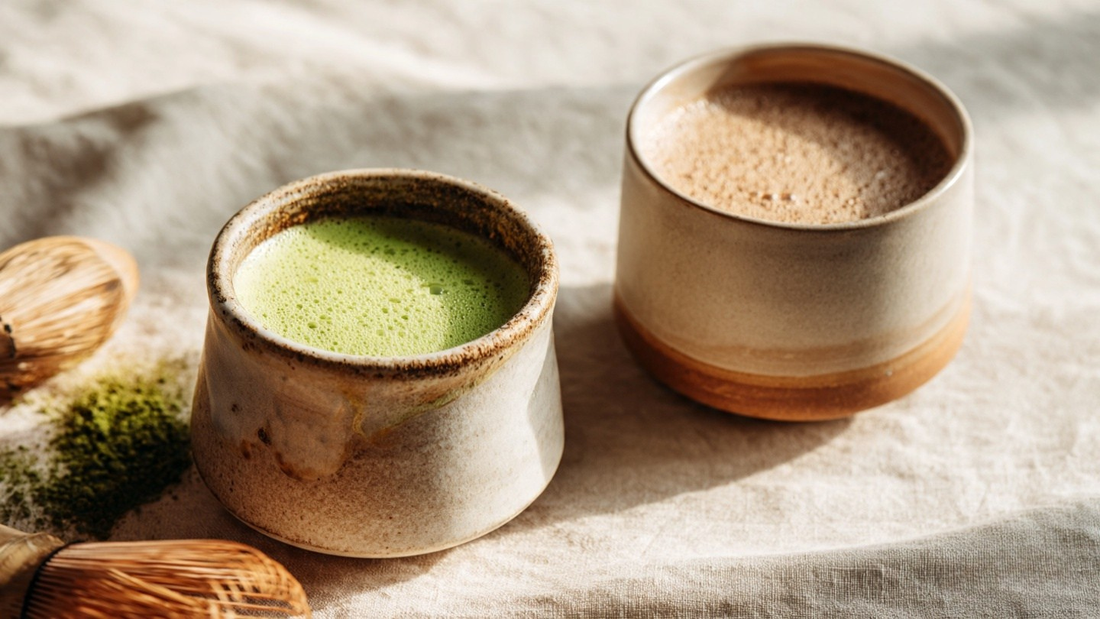Matcha and hojicha tea drinks side by side on a soft ivory surface with a bamboo whisk and warm natural light.