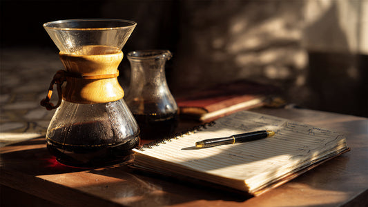 Pour-over brewing Breakfast Blend Plus coffee beside planner