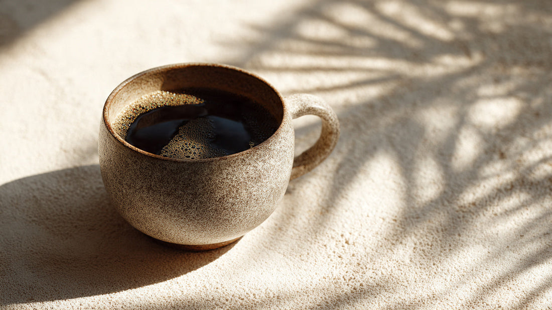 Papua New Guinea single origin coffee in ceramic cup with exotic soft shadow lighting and editorial