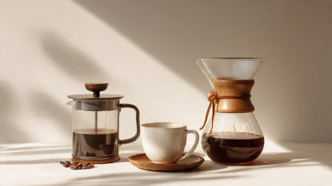 Beginner coffee brewing setup with French press, pour over dripper, and fresh brewed coffee on a clean neutral countertop.beginner coffee brewing methods setup