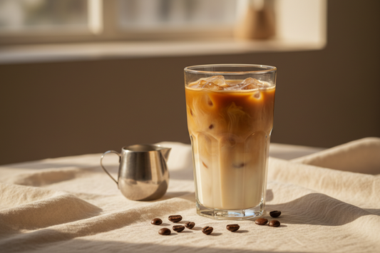 Iced latte with milk swirling through coffee over ice on a soft ivory surface.