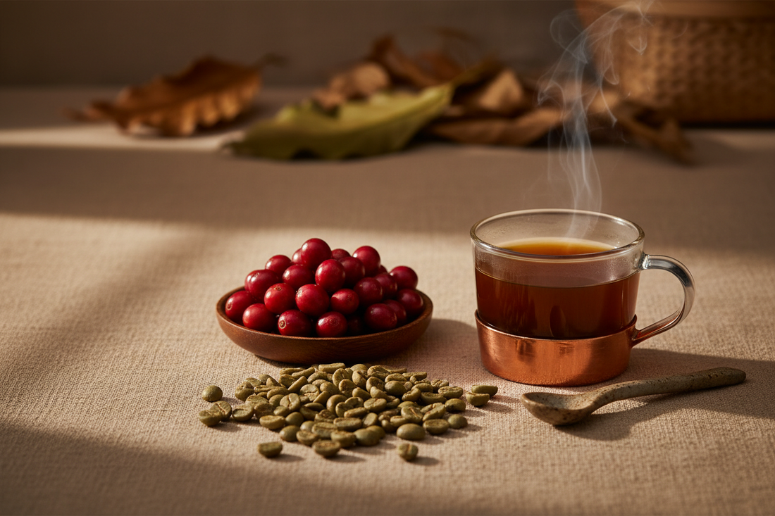 Coffee cherries, green coffee beans, and a brewed cup of coffee arranged in warm natural light.