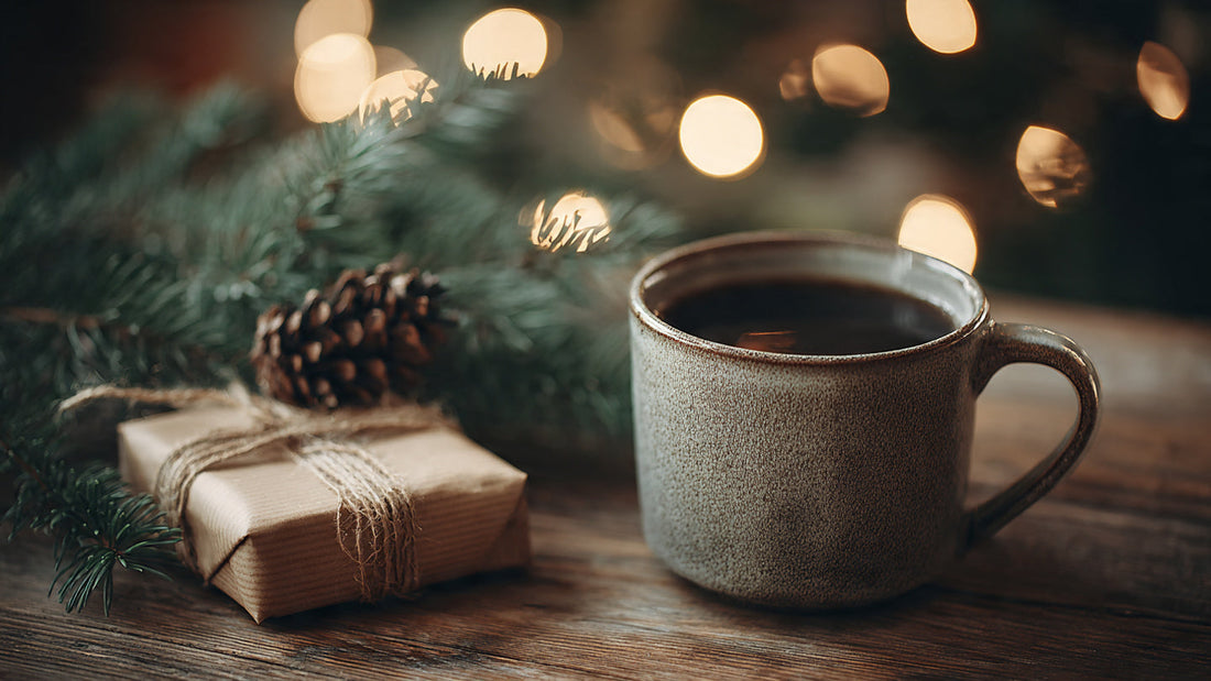 Holiday Blend coffee in festive holiday setting.