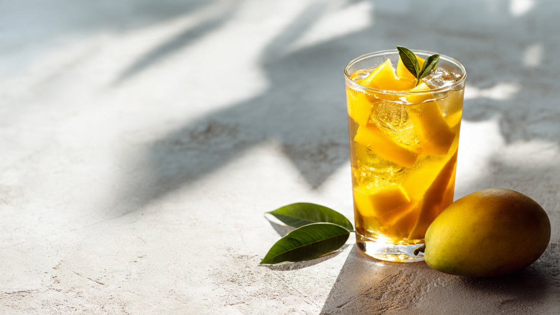 Mango tea in clear glass with fruit garnish on pale stone surface in bright natural light
