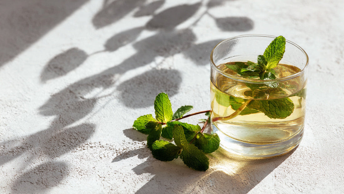 Moroccan mint tea in clear glass with mint sprig on light textured table in bright natural light