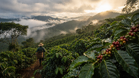 Editorial landscape of coffee farms in a mountainous growing region illustrating climate pressures shaping coffee supply.