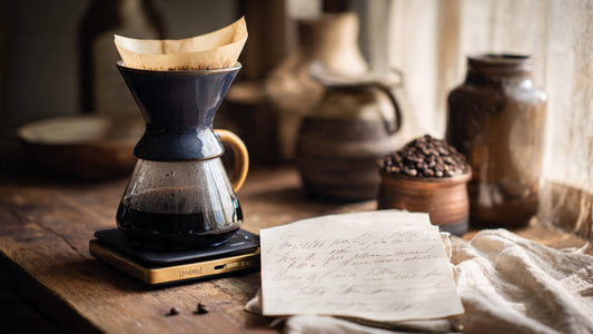 Editorial image of pour-over coffee brewing with fresh roasted beans and tasting notes representing consumer interest in coffee freshness.