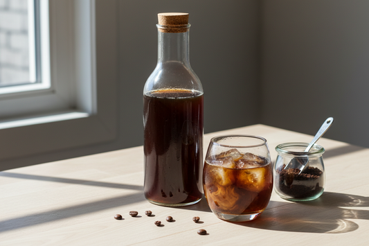 Cold brew coffee in glass bottle with iced glass showing smooth low-acid brewing method