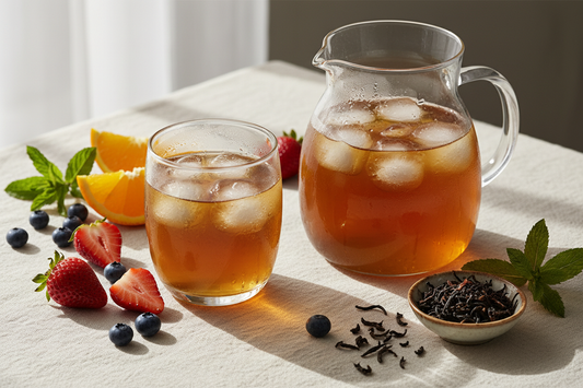 Cold brew tea in a clear glass pitcher with ice, fruit, mint, and loose-leaf tea on a soft ivory surface.