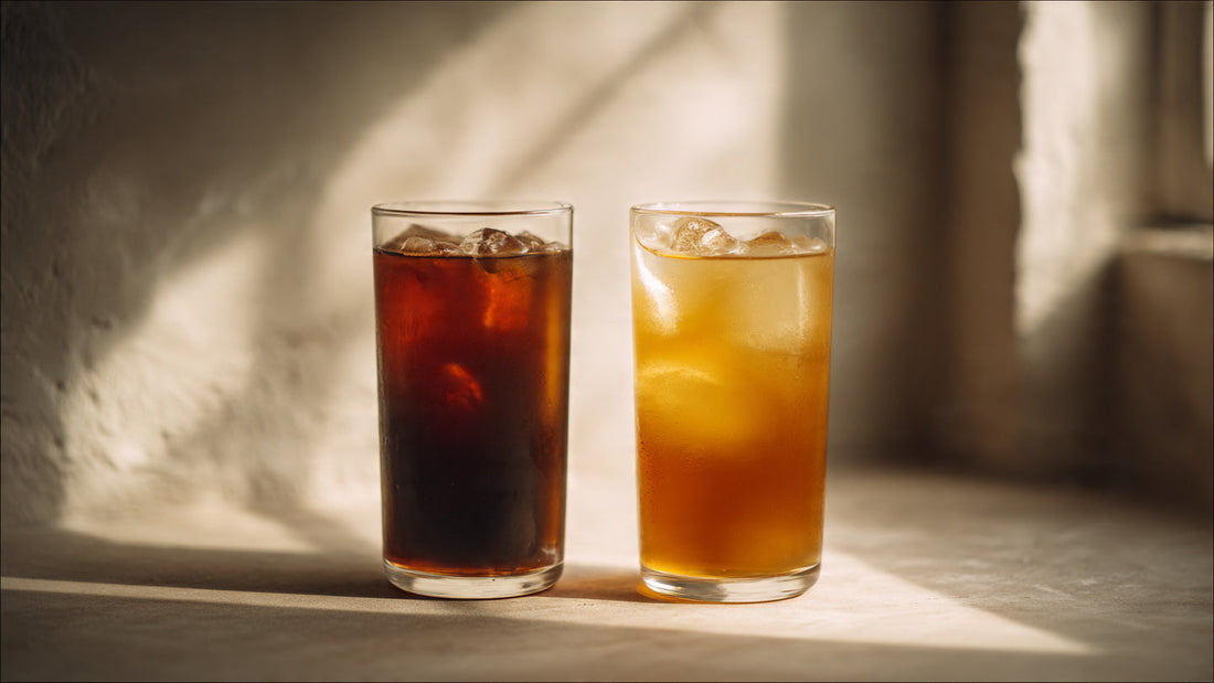 Cold brew and iced coffee side by side in clear glasses showing difference in color and clarity