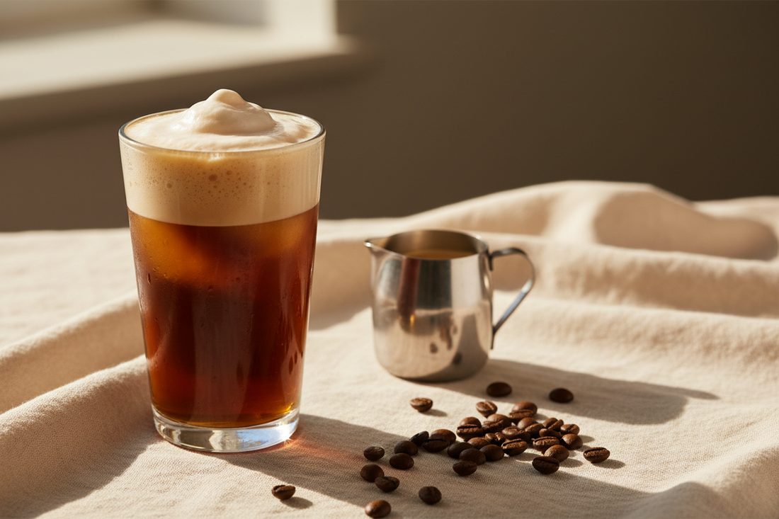 Cold brew coffee with vanilla cold foam in a clear glass on a soft ivory surface.