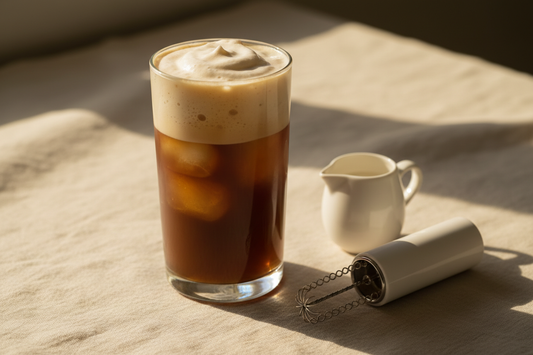Iced coffee topped with vanilla cold foam in a clear glass with cream and a frother nearby.