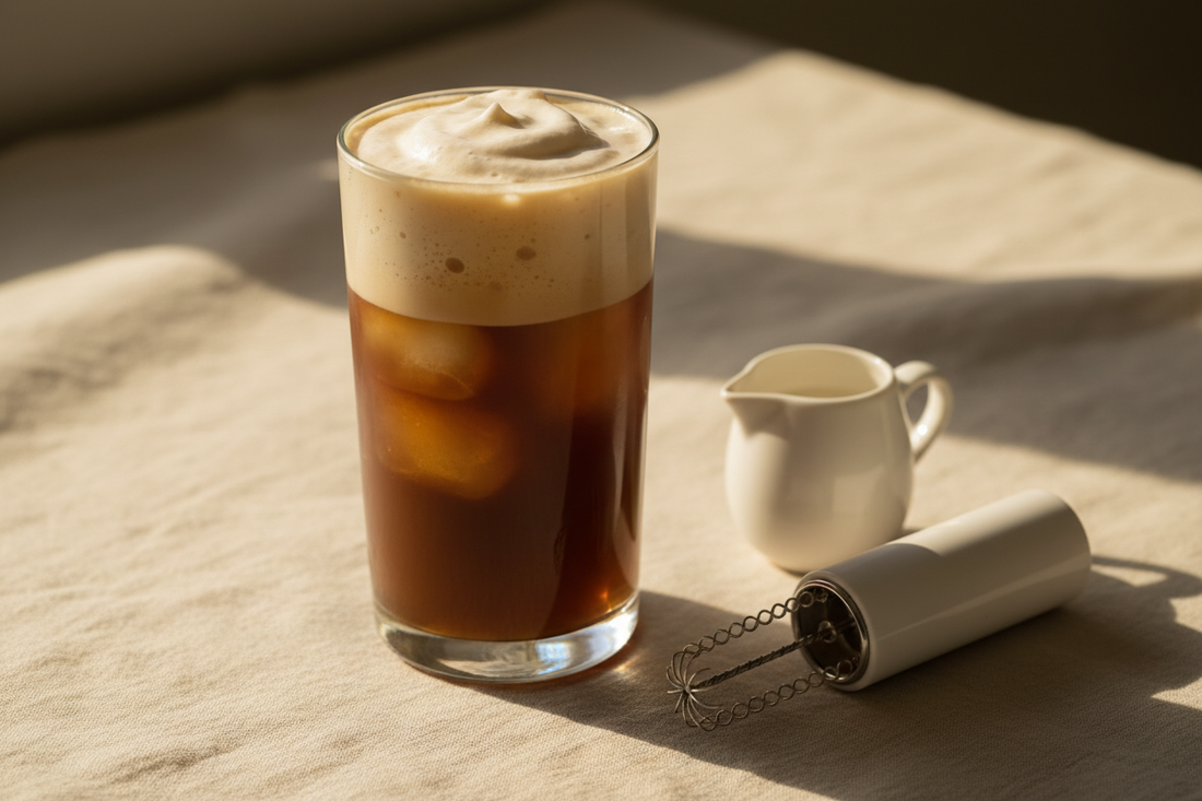 Iced coffee topped with vanilla cold foam in a clear glass with cream and a frother nearby.