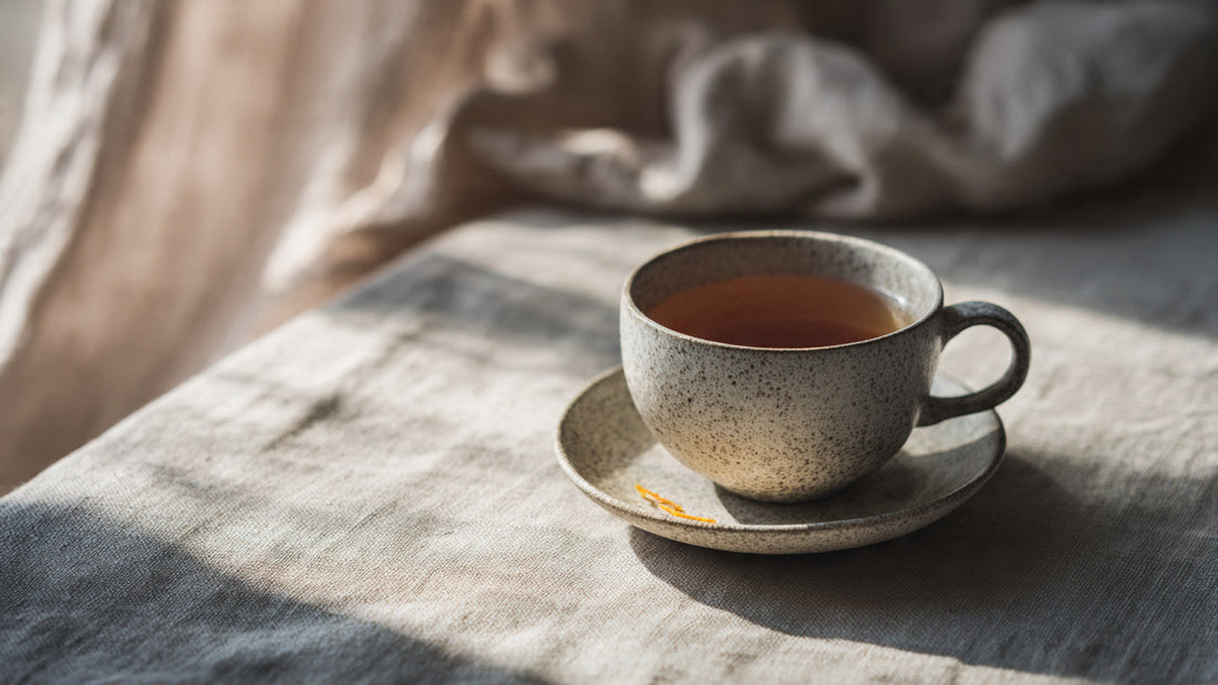 Hot tea being poured into porcelain cup creating light steam on neutral background.
