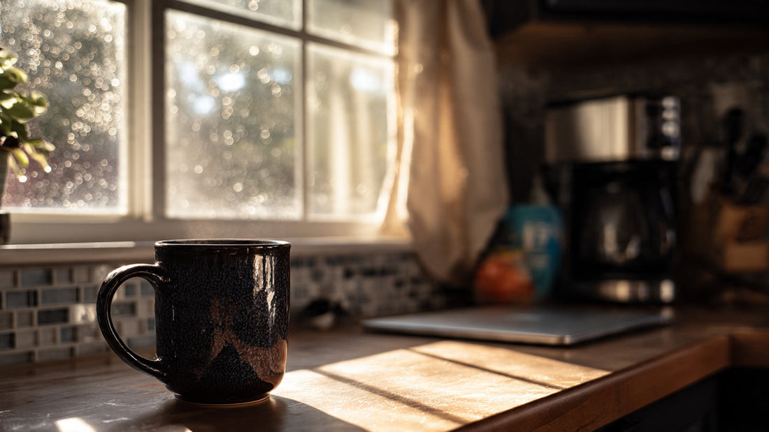 Max Caf Blend coffee beside laptop in morning light.