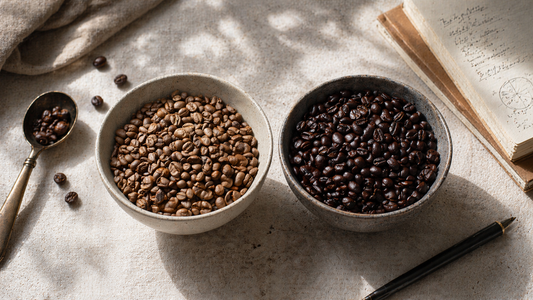 Editorial comparison of light and dark roast coffee beans illustrating a caffeine myth analysis.