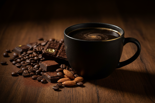 Dark roast coffee with dark chocolate and roasted beans showing bold rich flavor