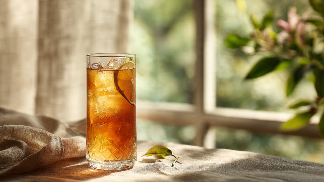 Iced Earl Grey tea in tall glass with subtle bergamot slice garnish on linen table in refined natural light