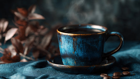 Bali Blue single origin coffee in ceramic cup with deep shadow lighting and exotic editorial mood