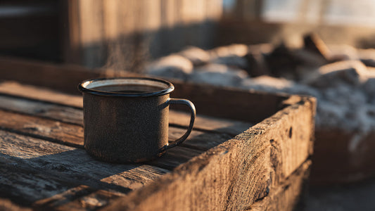 Cowboy Blend coffee served in enamel mug outdoors