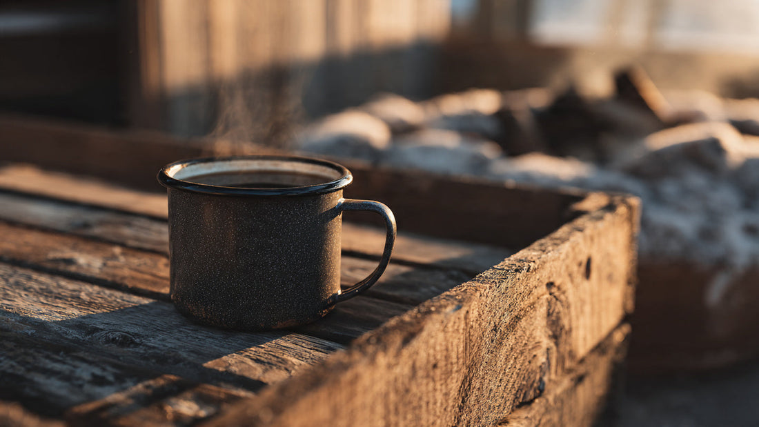 Cowboy Blend coffee served in enamel mug outdoors