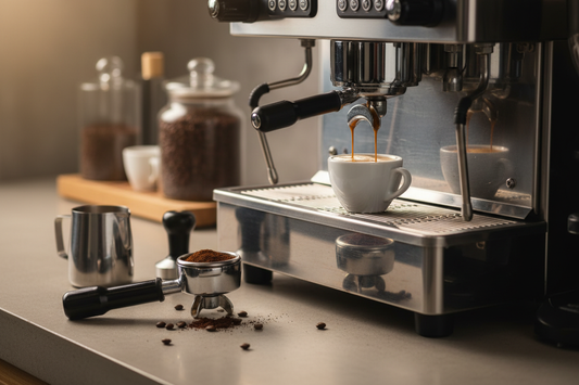 Espresso machine pulling shot with golden crema showing home espresso brewing