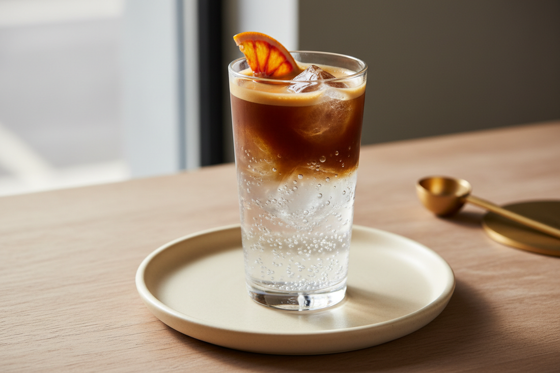 A tall glass espresso tonic with espresso floating over sparkling tonic water, ice, and an orange slice garnish on a cream surface — Willow Creek Coffee Company
