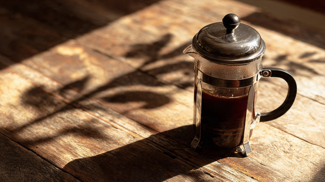 French press brewing Asian Plateau Blend coffee.