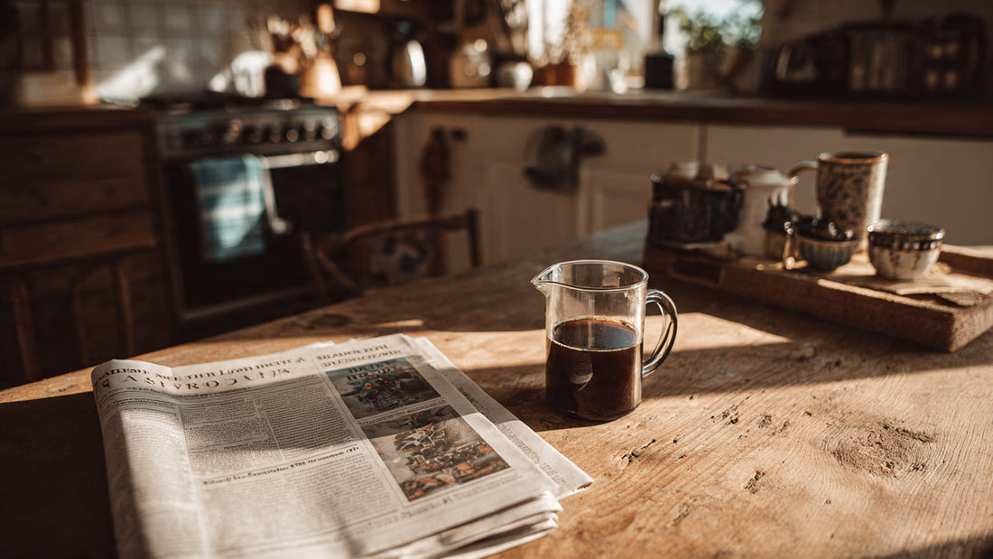 House Blend coffee beside newspaper on cozy table.