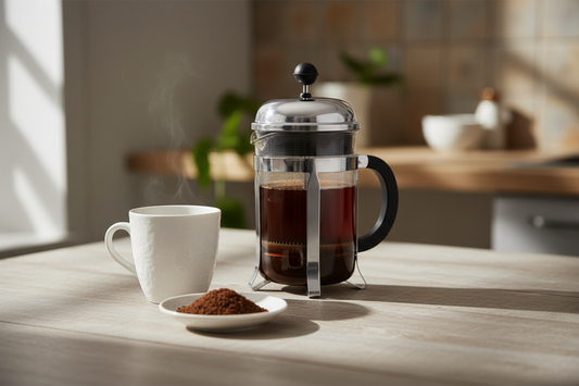 French press coffee brewing with coarse ground coffee showing immersion method