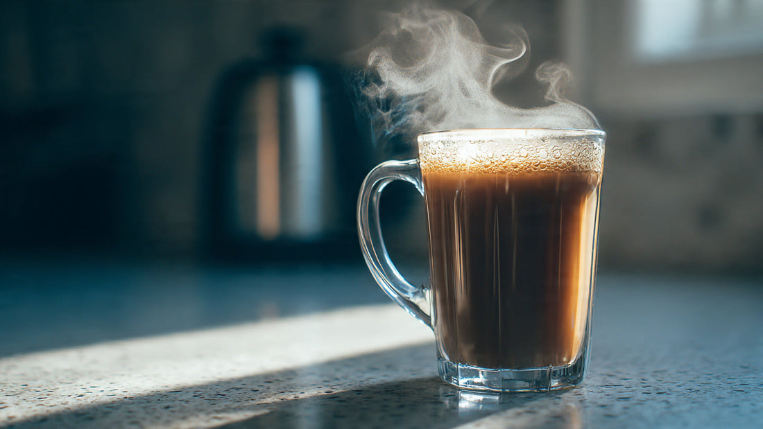 Instant coffee in glass mug on clean counter.