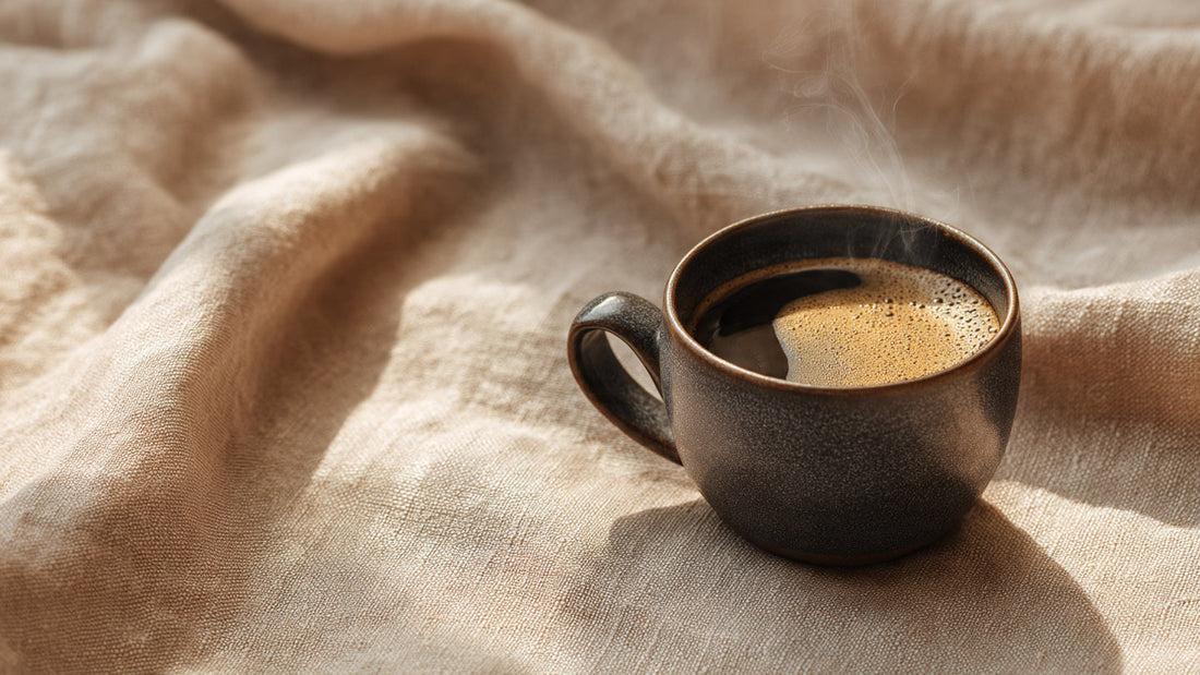 Brazil Santos single origin coffee in ceramic cup with warm nutty tones and elegant editorial lighting