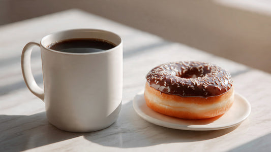 Gourmet Donut Shop coffee served beside donut.