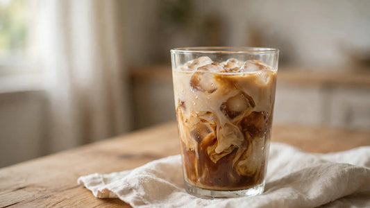 Homemade hazelnut iced coffee in a clear glass with ice, cream swirls, whole hazelnuts, and coffee beans on a cozy kitchen counter.
