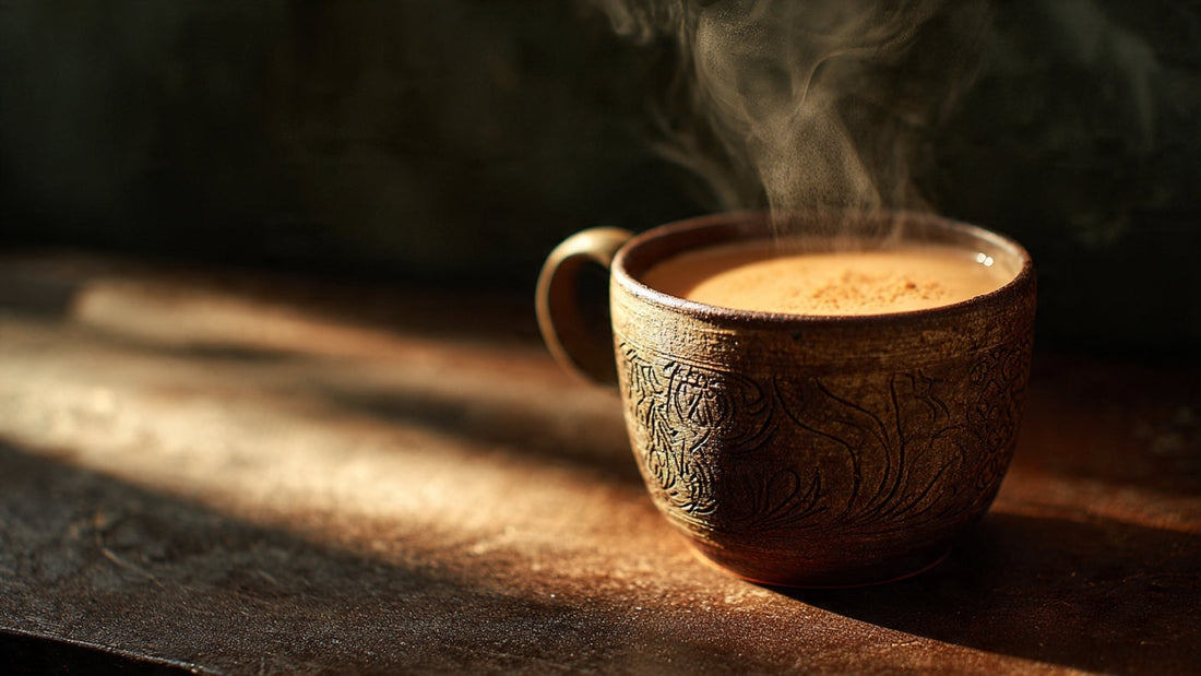 Masala chai tea in clay cup with soft steam on dark wooden table in warm natural light